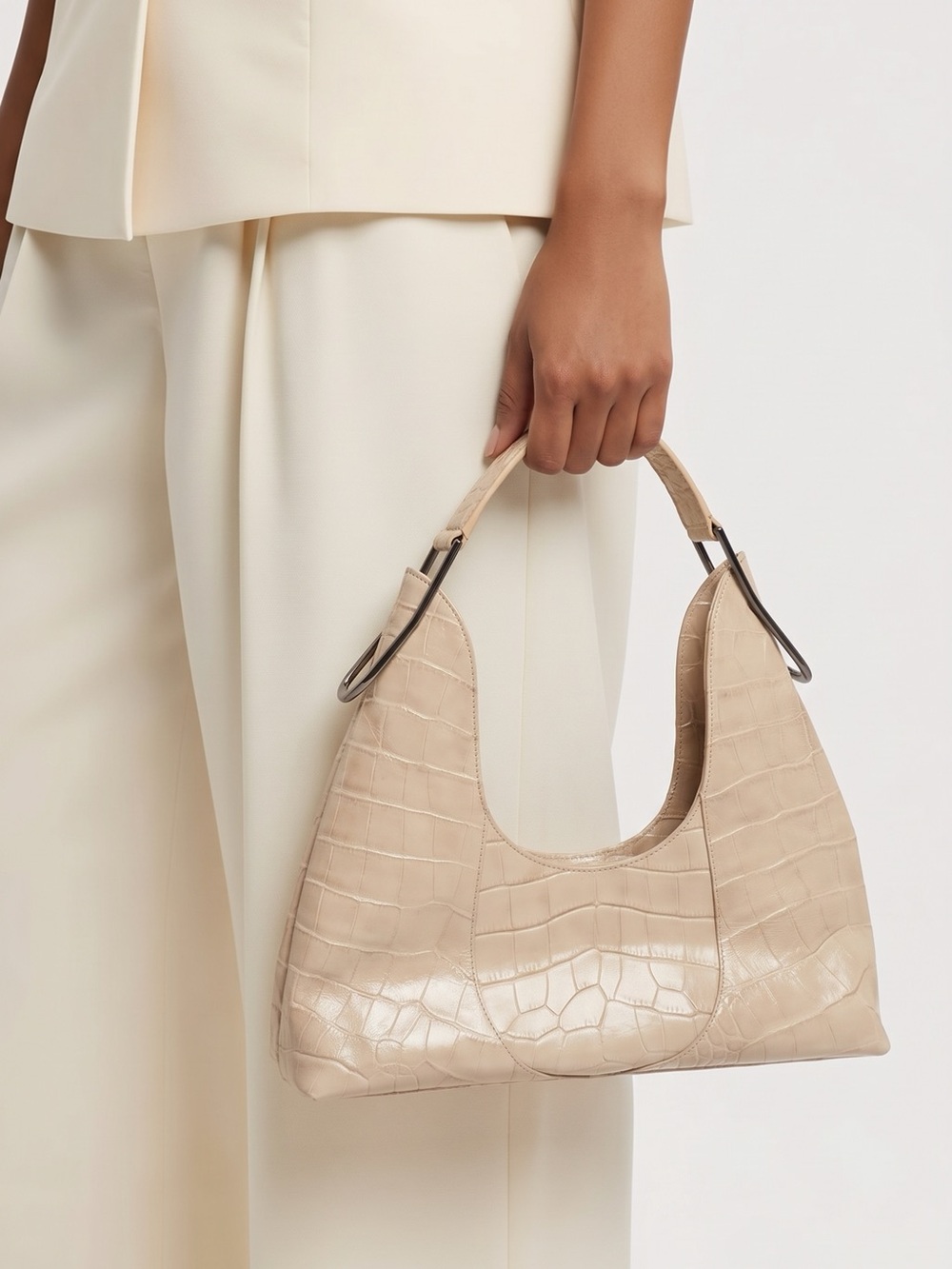 Vintage Y2K Furla Ivory Croc-Embossed Leather Hobo Shoulder Bag | Italy